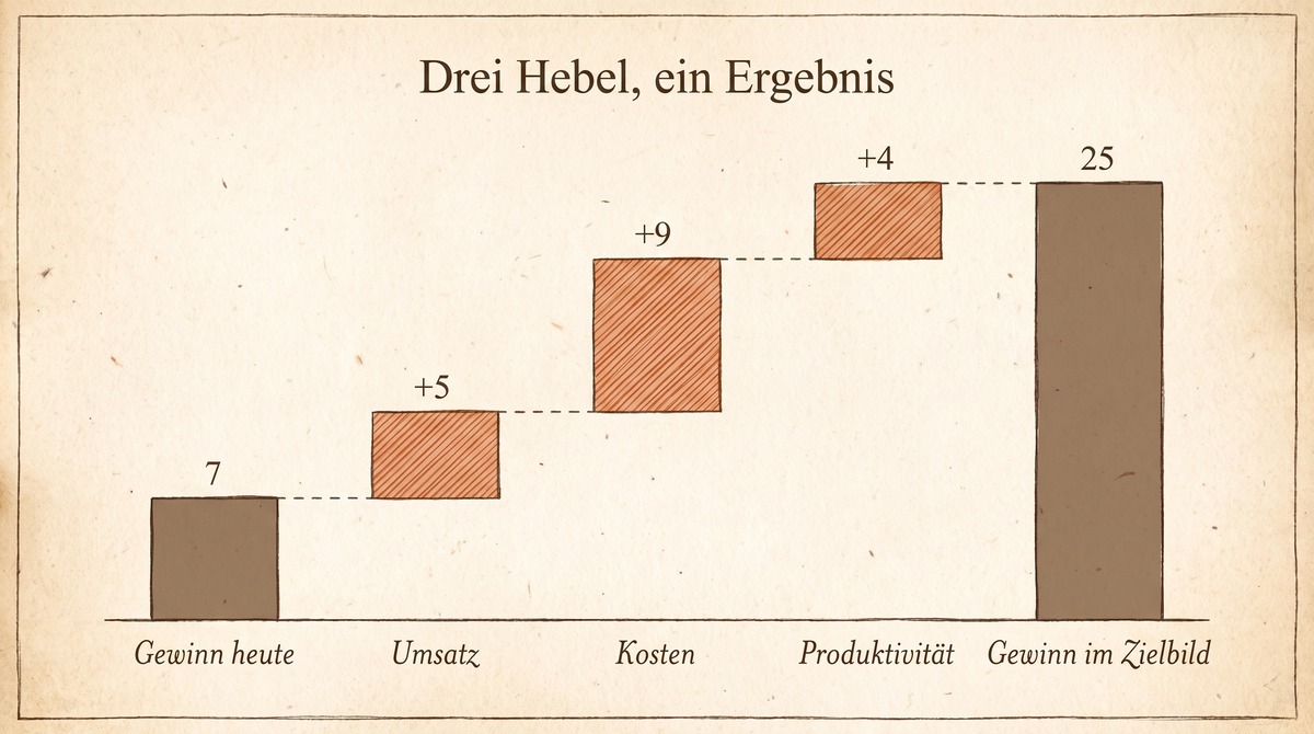 Wasserfalldiagramm: aus 7 Millionen Gewinn werden über plus 5 aus Umsatz, plus 9 aus Kosten und plus 4 aus Produktivität 25 Millionen Gewinn im Zielbild