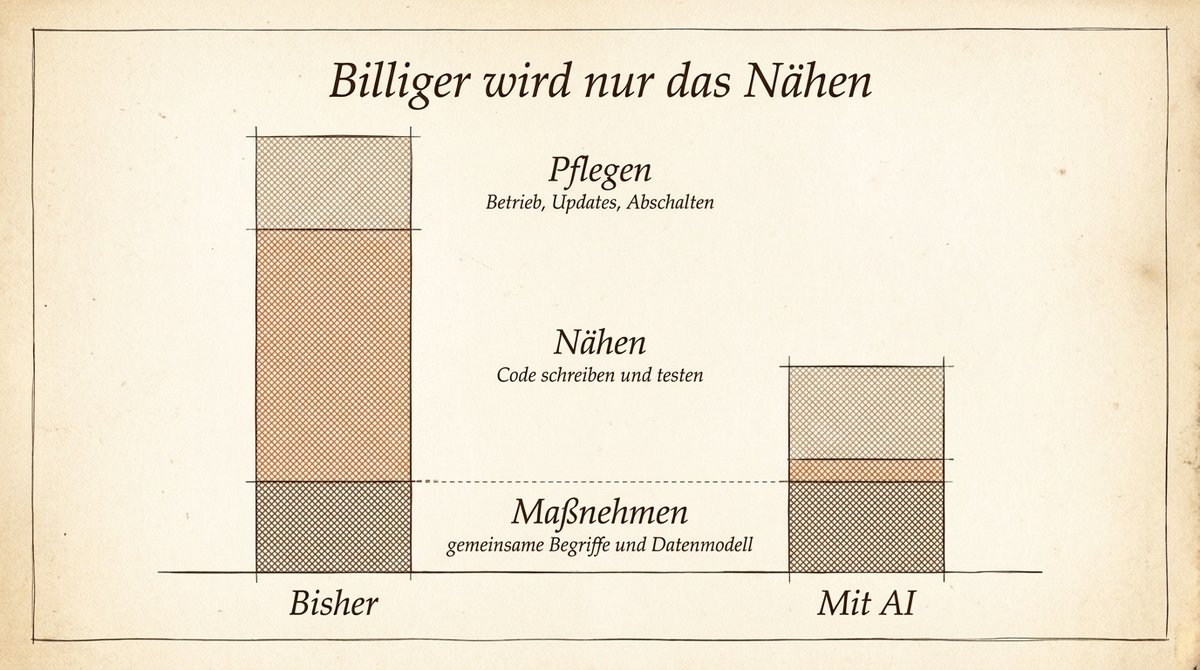 Zwei gestapelte Säulen, bisher und mit AI: Maßnehmen und Pflegen bleiben gleich groß, nur der Abschnitt Nähen schrumpft auf einen dünnen Streifen